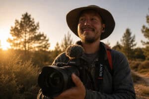 Photographer with camera outdoors during sunset, capturing nature scenes.