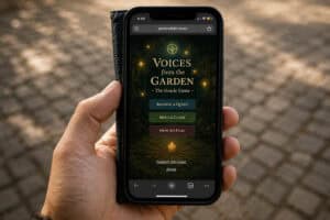 Mobile phone displaying "Voices from the Garden" game interface outdoors.