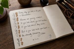 Open notebook with handwritten inspirational quote about flowers and blessings on a wooden table.