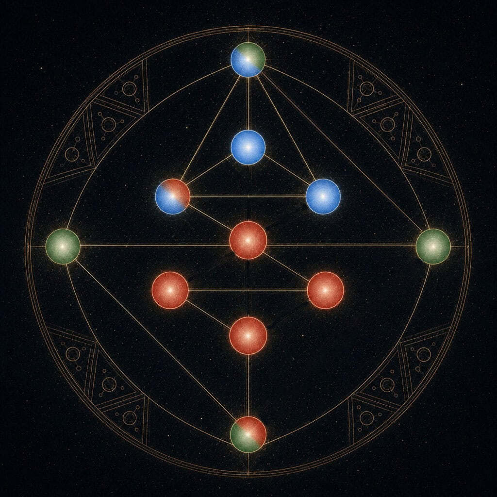 Intricate geometric light design with glowing orbs and cosmic background.