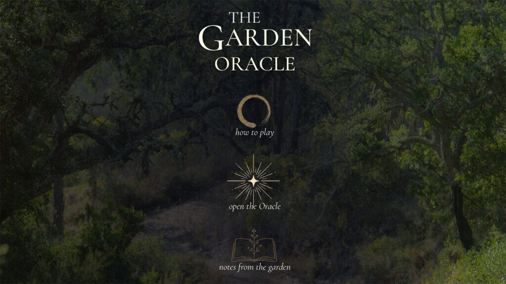 Mystical garden scene with oracle symbols and lush greenery.